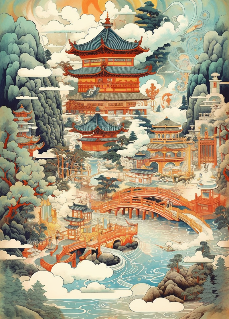 远山上的建筑小桥湖边古风建筑,插画/手绘图,插画/手绘图库,插画/手绘图下载,插画/手绘